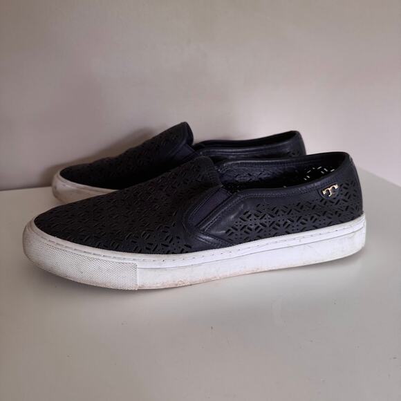 Tory Burch Lennon Navy Blue Perforated Leather Slip On Sneakers Size 10 - Picture 4 of 12